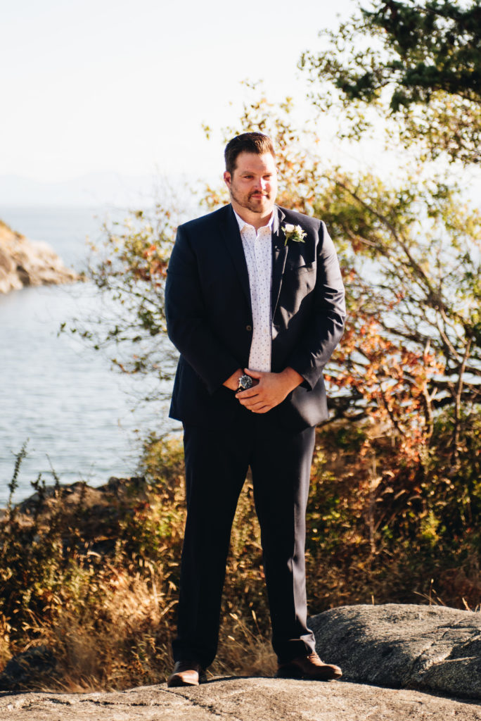 groom at a west coast elopement photoshoot on Keats Island