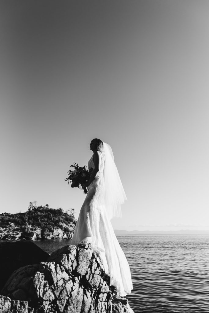 bride on keats island on her west coast elopement photoshoot